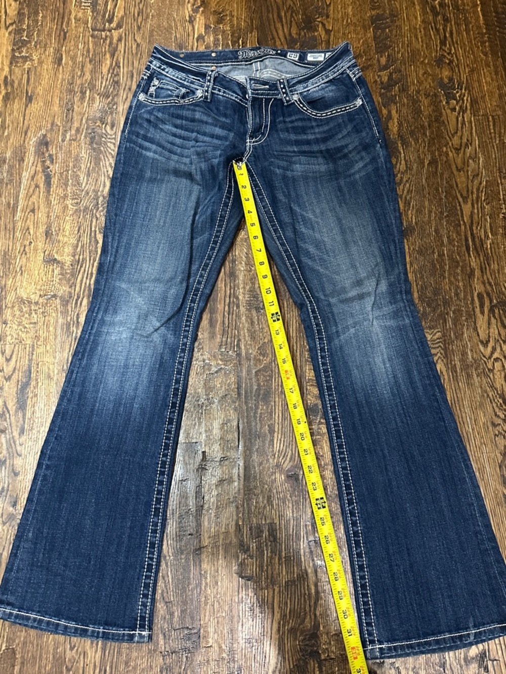 Miss Me Dark Indigo Flared Jeans with Contrast Stitching